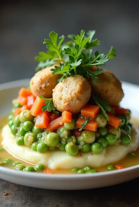 The first layer is a mashed potato that mixed with cayyenne pepper and some herbs.the second layer are smash peas and blended fishballs.The last layer is a herbal soup with some carrots and soup leaves.