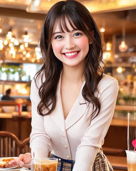 A young woman with a mischievous smile and a confident posture, dressed in casual, stylish attire. Her expression is playful, with a hint of flirtation, and she has a strong but graceful presence. The setting is a lively café, where she is chatting with fr...