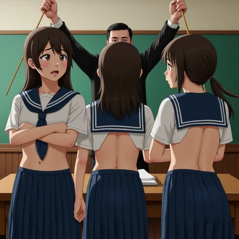 (((best quality, Masterpiece, Realistic photos, very detailed, Ultra high resolution, raw:1.3))), Three Woman in front of classroom, japanese girls, ((( crop top student sailor suit))), (( older sister middle sister and younger sister )), (very lowwaist bl...