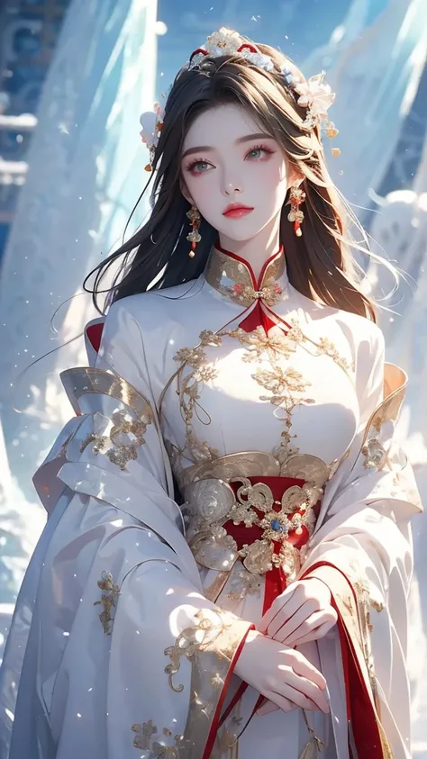 masterpiece, HD，winter，snow，Iceberg ，A beautiful ancient Chinese woman stands next to a lotus pond，Bangs, White Long Hair ,  Lotus Headpiece ，Big breasts，A beautiful ancient Chinese woman wearing the game Wujan Han costume ， Sparkle Effect , 