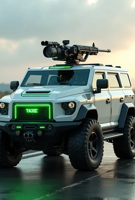 A white armored vehicle with green futuristic stripes, resembling a military Humvee with combined super cars but larger, bulletproof, grenade-proof, waterproof, soundproof, and smokeproof. It has a machine gun mounted on top, controllable from inside. The ...