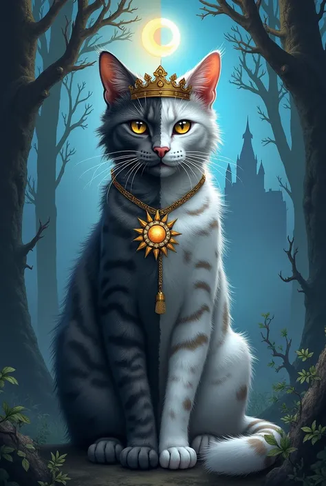 Book cover is a cat named Kisa with white and gray stripes a war cat divided into two persons against the background of a dark dense forest and a Karalev cat with a crown of sun and moon magic against the background of the castle