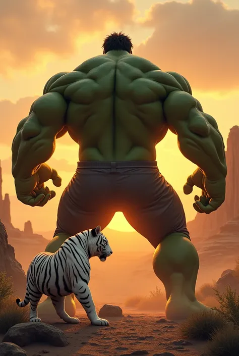 Create a image in which hulk and white tiger are facing each other, wide shot, background desert , sunset view,