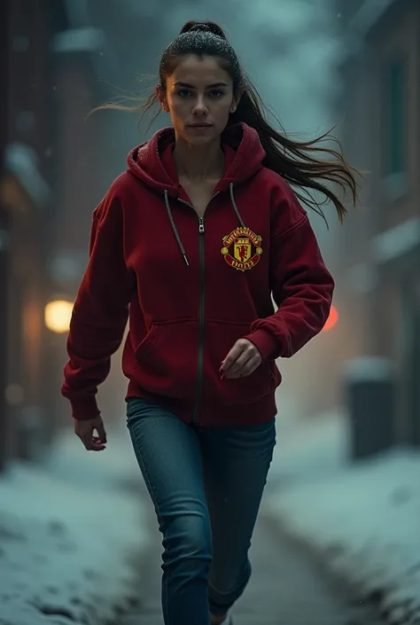 Extremely detailed,, 30 years old asian woman,, very thin,, slim chests, ponytail brown  hair,, wearing Manchester united hoodie, fit denim jeans, full body pose, freezing night,, running away from burglar, scary face
