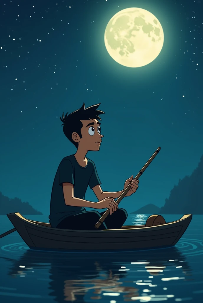 Create an animated cartoon photo of a man sitting on a boat
 Enjoying the full moon while playing bamboo flute while waiting for the fishing rod to be laid next to him, the atmosphere of peace is full of solitude wearing a black T-shirt and black pants lik...