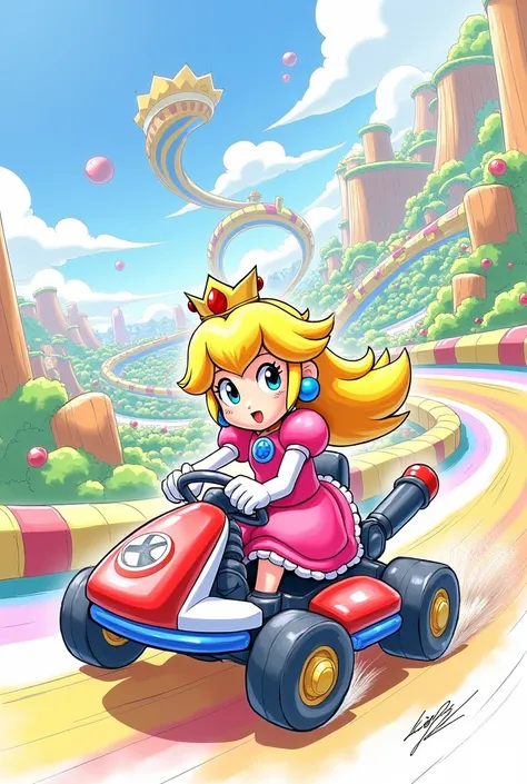 A sketch drawing of Princess Peach racing in rainbow road