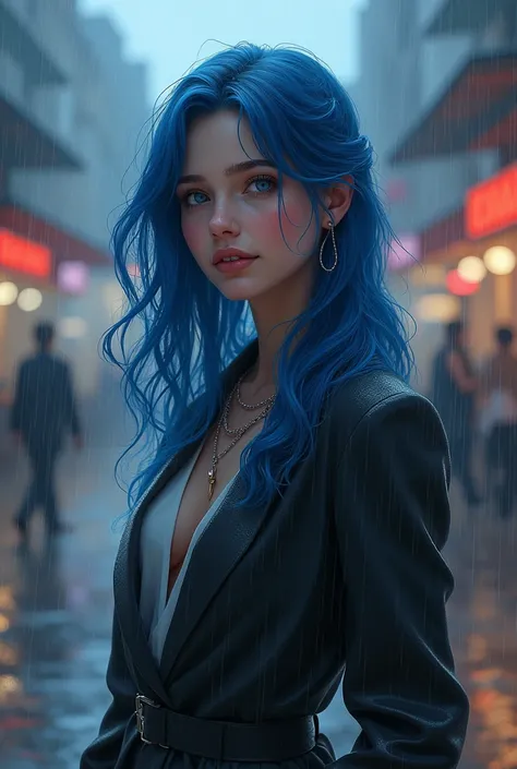 A beautiful girl with wavy , blue long hair in a street suit ,  standing in the rain with a beautiful smile