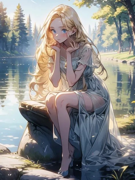 masterpiece, best quality , high resolution,Perfect light and shadow,8k wallpaper,illustration, ray tracing , A Lovely Girl , blond hair,Straight Hair, blue eyes,forest,Full body portrait,Sitting by the lake , Transparent White Dress ,underwear,