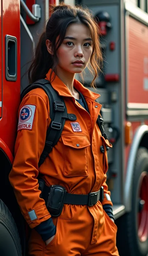 Female rescue worker 、Orange jumpsuit、Its leaning against a fire engine