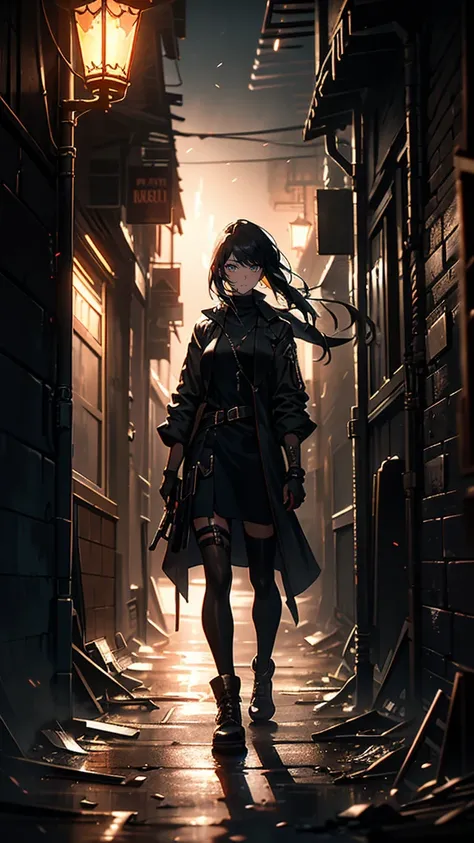 “A dark, misty alley in a Western-style city at night, dimly lit by flickering street lamps. The alley is narrow, with graffiti-covered walls and old, dilapidated buildings. A lone female figure, dressed in dark, tactical clothing, crouches in the shadows,...