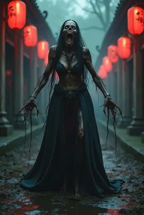 Ancient Evil skullish,  Chinese vampiress with rotting flaking flesh, dress in ancient Chinese imperial robes with stretched arms, long deform fingernails. It roars and expose his maggot filled tongue. Its in a cemetery lit by eerie Chinese lanterns. He is...