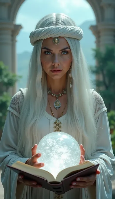 A cinematic photo of an elderly woman with wisdom and mystique, standing in a beautiful magical place in a holy palace. She is holding a deep white sparkling crystal ball and a book. small baby on crystal ball. The overall ambiance is cinematic and captiva...