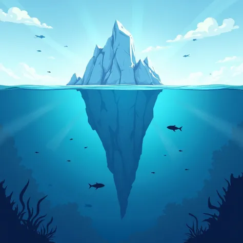 iceberg in sea, more space for sea, illustration, 2D, under sea view