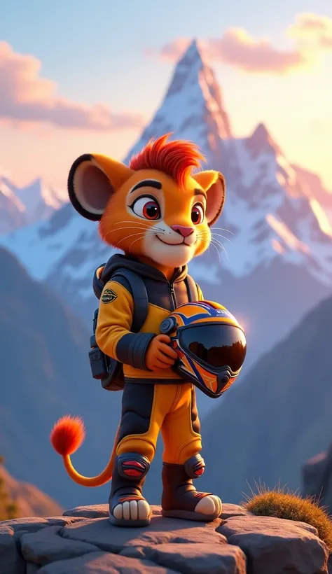 Sheroo was a little lion cub 3d pixar style Clothing-bike rider clothing 
Promt-, Sheroo, stands on a mountain ridge at sunrise, holding his helmet and gazing at distant, snow-capped peaks. His bike is parked nearby, glowing in the soft morning light. He l...