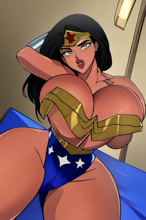 (High-definition CG), (    best quality ), (High-definition CG), (    best quality ), (Overall view)  cool and handsome face with a beard  ,      Wonder Woman costume    ,       beautiful and sexy young woman , 18 years old,        Toned and Muscular      ...