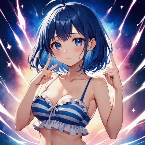  super high resolution, anime style, Slender woman in her 20s ,  clear skin,Fair skin,  straight hair, short hair ,Ahoge, blue hair , Embarrassed, Moist eyes,Blue Eyes, striped swimsuit with frills ,  out of your belly button,  wear red sunglasses , Lookin...