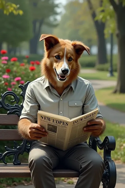 A man with a dogs head reads a newspaper sitting on a bench