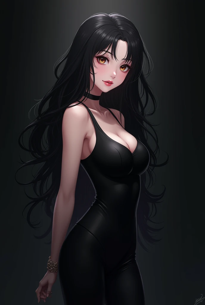 Beautiful anime girl with very long black hair dressed in black and very sexy 