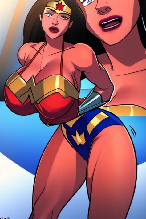 (High-definition CG), (    best quality ), (High-definition CG), (    best quality ), (Overall view)  cool and handsome face with a beard  ,      Wonder Woman costume    ,       beautiful and sexy young woman , 18 years old,        Toned and Muscular      ...