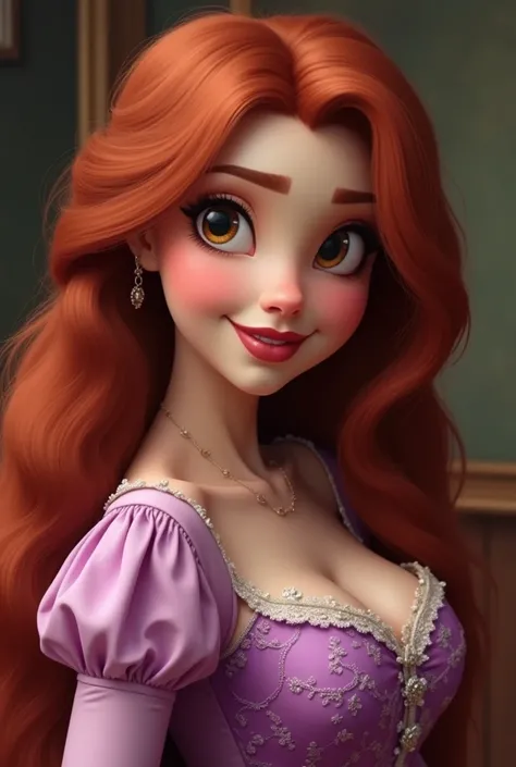 rapunzel, cute dress , dark red hair , shiny eyes, lipstick,  her dress had a deep v-neck and she had big breasts,  her dress is beautifully decorated and had lace all over it  , You can see a bit of her underwear  , 