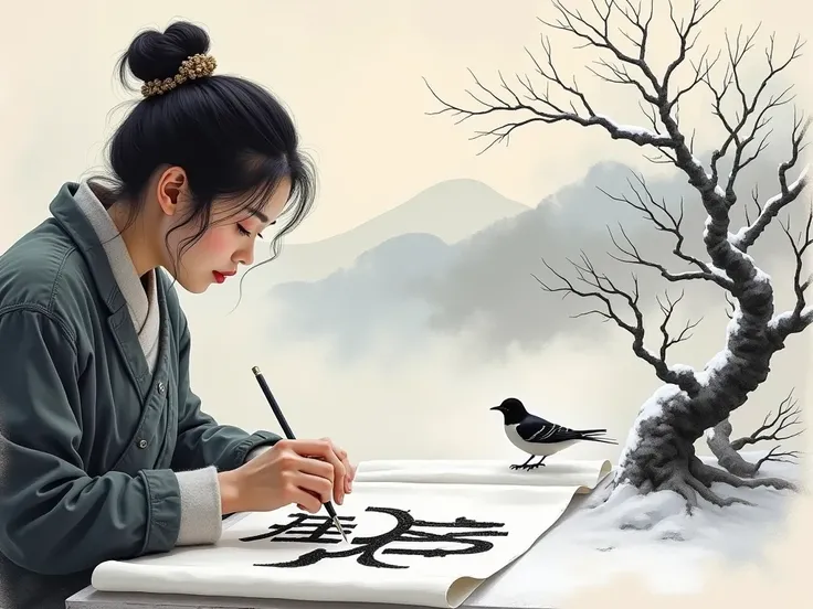  In a calligraphy workshop in ancient China ,  an artist works with black ink on snow-white scrolls.  Each stroke captures the essence of winter : Bare branches, distant mountains and solitary birds .  Her art reflects not only the nature that surrounds he...