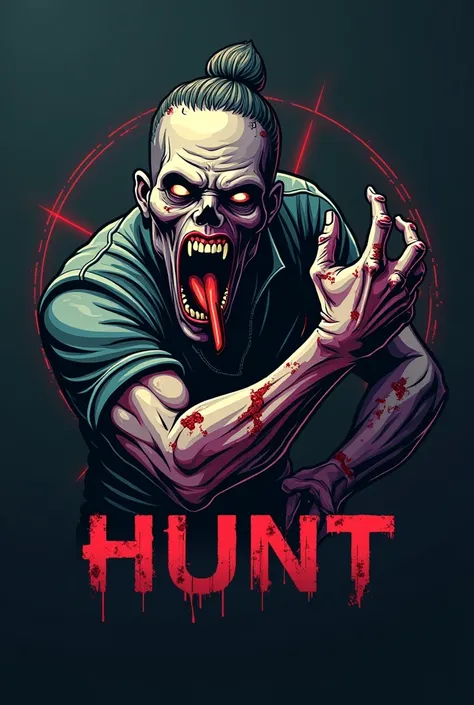 Create A logo with HUnt text, for zombies gaming, sci-fi, modern, zombie ls eating arm, warriors.