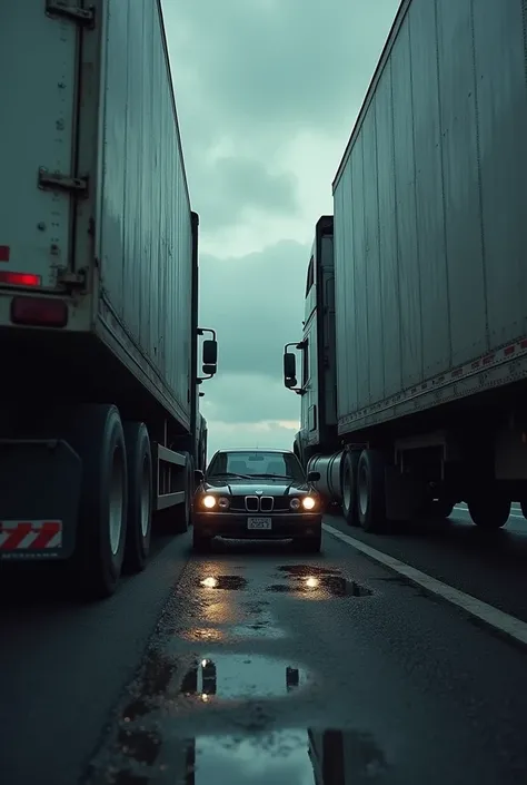 Car crushed between two trucks 