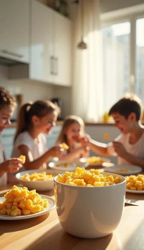 A bright, modern kitchen with a family happily eating bowls of Corn Flakes at a breakfast table. The camera zooms in on a box of Corn Flakes, connecting the past with the present. The kitchen is light and airy, filled with a sense of warmth and comfort.
