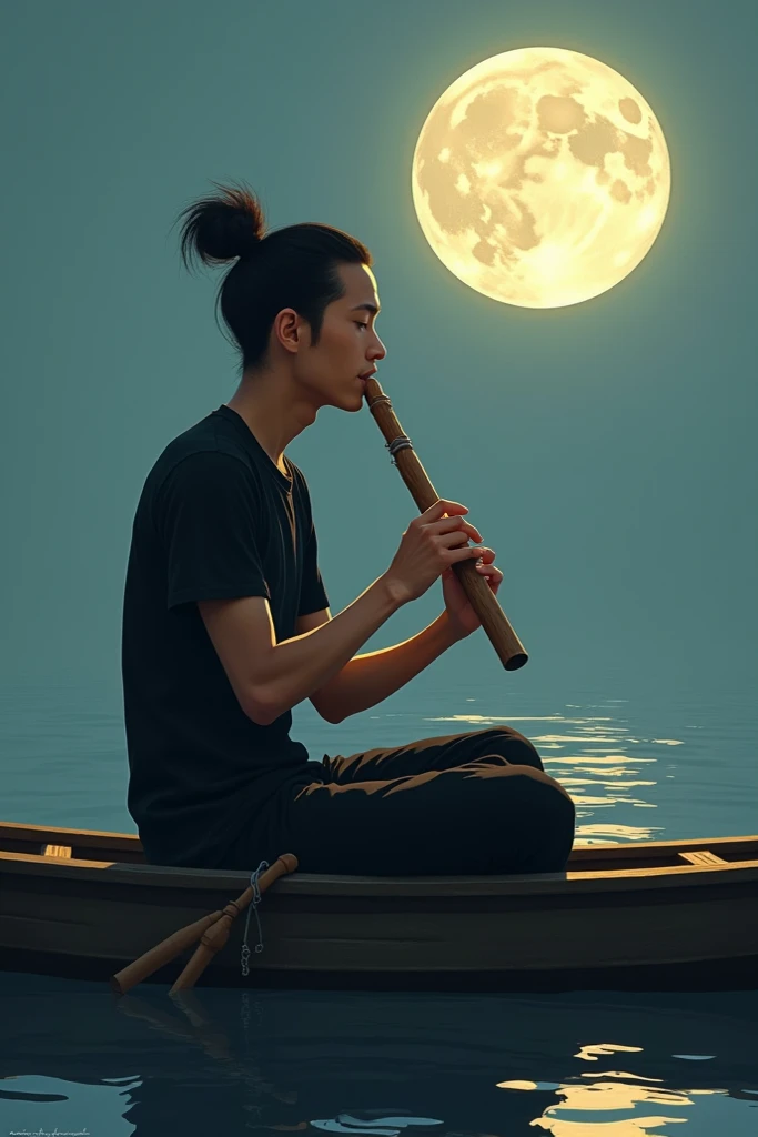 Make a photo of a simple philosopher pujangga wearing a black t-shirt of black pants who is playing flute while the full moon sits on a boat next to him there is a fishing rod 