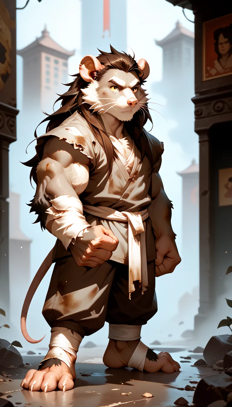 alone,long hair,golden eyes, hairstyle, monk,buff,young,dirty clothes, bandages,fullbody, fur-trimm,rat furry,master splinter, d...