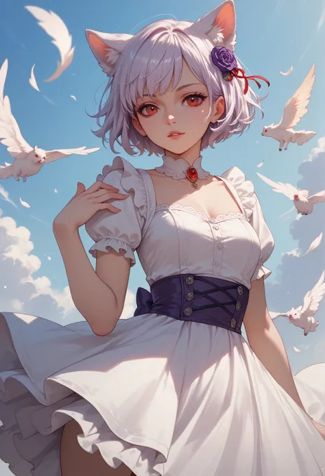 White Short Hair Girl Red Eyes Purple White Fur Girl Dress