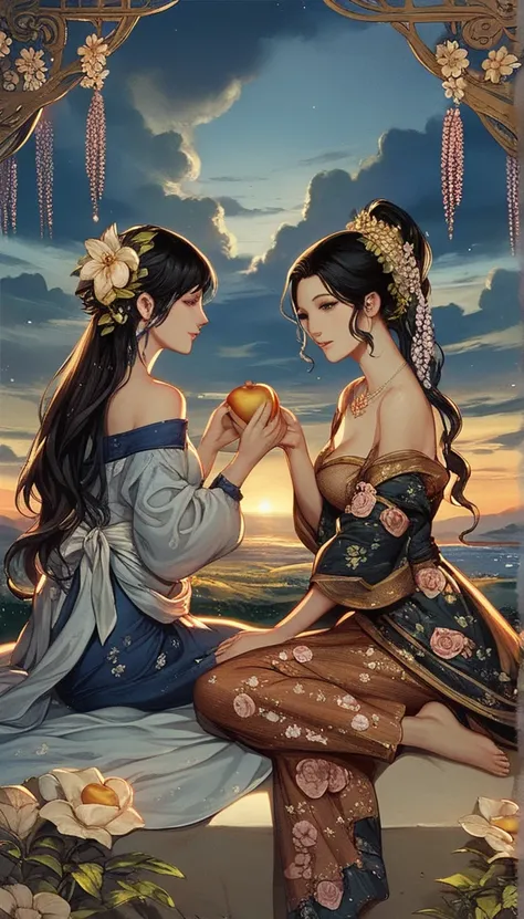 Portrait of two women, black hair, beautiful manga, fairy tale cover, sunset, 8k, romantic, vintage, another sitting in a garland, another sitting in love, drama, blue sky, orange, sky, Thai period, 1930s 8k Hd r . 7 satin dresses, the other transparent Ro...