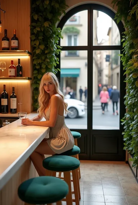 A chic, Pinterest-inspired interior featuring a young blonde woman with long, wavy hair and bangs, dressed in an elegant and sensual outfit, inside a trendy French Riviera wine boutique and bar. She is seated gracefully at a polished white marble bar with ...