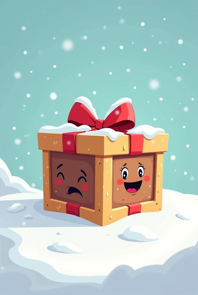 create a chest (box) for my cartoon poster, do it simply, add some colors, and its in the snows, it has a ribbon on its head, on one side of the chest is a happy face, on the other side is a sad face