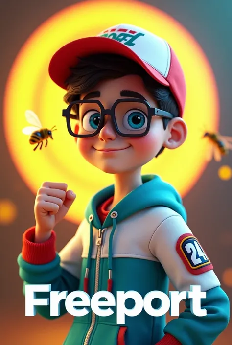 "A teenage boy in a 3D animation style with a smile yet gentle expression, wearing a white and blue hoodie with teal red accents and a matching baseball cap that says Freeport. On the sleeve of the hoodie, there is an emblem with 241, giving a personal and...