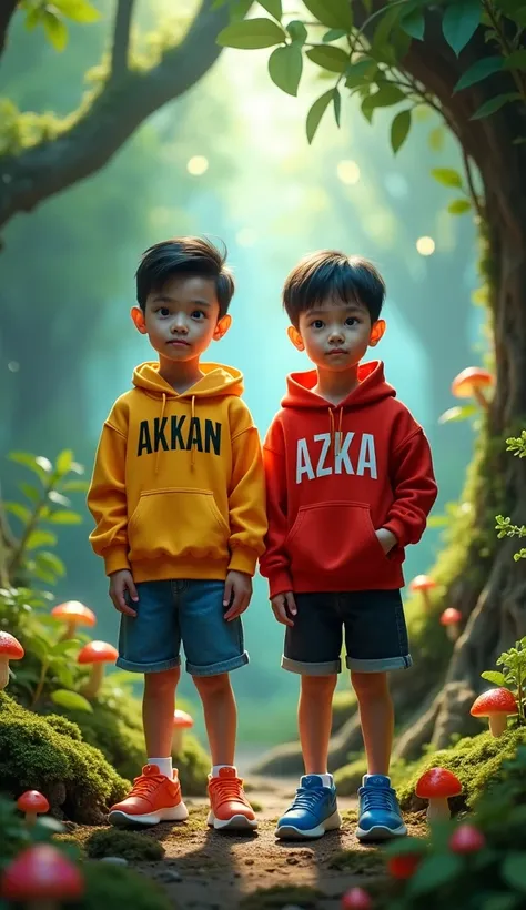 “Ultra-realistic, high-definition image featuring two Indonesian boys standing and posing proudly in a lush jungle fantasy world. The dynamic environment includes towering ancient trees with expansive green canopies, glowing exotic flowers, and gentle rays...