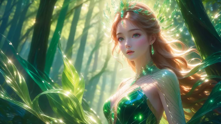 A Masterpiece In 32K Resolution, Supreme Quality, Super Detail, Official Art, Cinematic Lighting, Beautiful And Aesthetic, Ultra-Detailed Features, Very High-Resolution 32K Wallpaper. A Girl Standing Alone In A Vibrant Forest. Her Delicate, Sculpture-Like ...