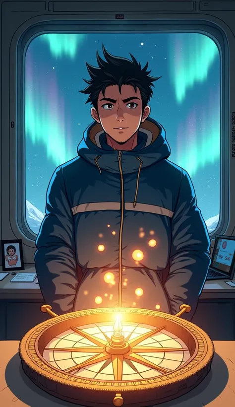 anime style illustration of a Japanese man in his 40s, standing in a small, warmly lit room in an Arctic research facility. He has spiky black hair, large expressive brown eyes, and a determined expression. Hes looking out a window at stylized aurora borea...