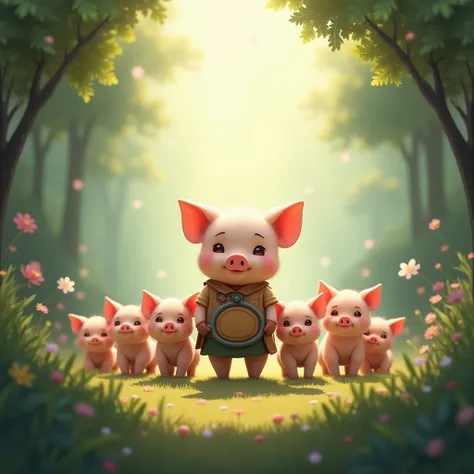  little ren protect the piglets。The light shines gently 。 fantastic atmosphere 。