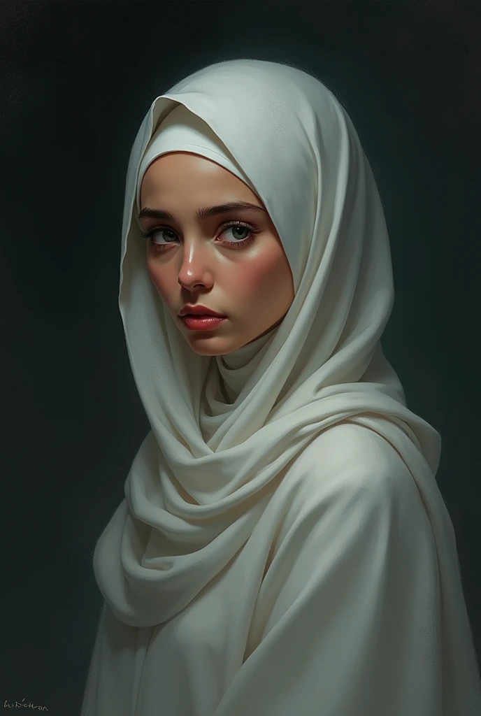  Create a digital illustration of the main character in a realistic artistic style.  a beautiful Muslim woman in a white hijab , sad face,  and gentle expression facing forward . The background is dark ,  give a dramatic and intense feel .   clearly handwr...