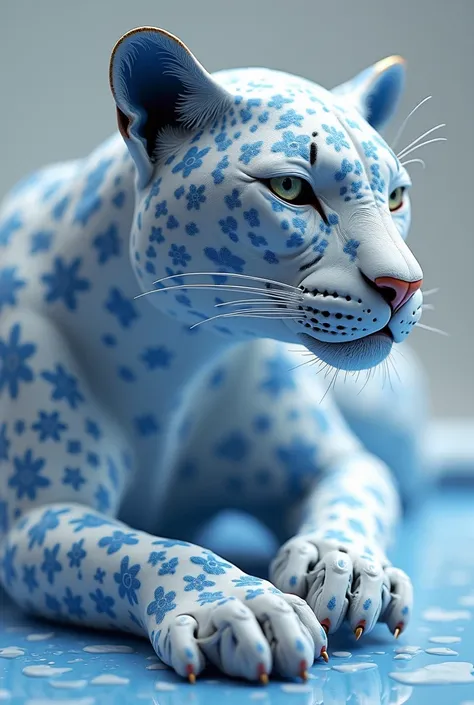 Mechanical leopard covered in blue and white porcelain floral skin print, at sea, cinema 4d style rendering, thin porcelain materials, lavender and pale gold, octane render, unreal engine 5, volumetric lighting, diffuse lighting, 8k, hyperdetailing, HDR