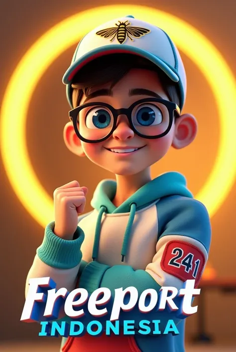 "A teenage boy in a 3D animation style with a smile yet gentle expression, wearing a white and blue hoodie with teal red accents and a matching baseball cap that says Freeport. On the sleeve of the hoodie, there is an emblem with 241, giving a personal and...