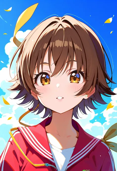 Honda Mio ( The Idolmaster Cinderella Girls)、Brown Hair、Outward-swept bob hair、 red clothes、 Brown Eyes 、 yellow ribbon、 yellow miniskirt、