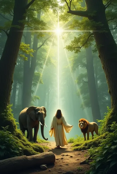 Jesus in forest with elephant and lion