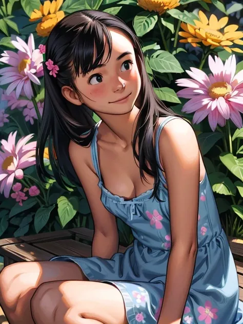  one girl、Simple girl、garden、 is sitting on a bench、 blue sky、Bright Sun、 detailed hair、 detailed face 、 detailed skin、( small breasts)、(( cleavage))、( short floral dress)、 slender 、 hair that flutters like、smile、blush、Looking up、 embarrassing expression、(...