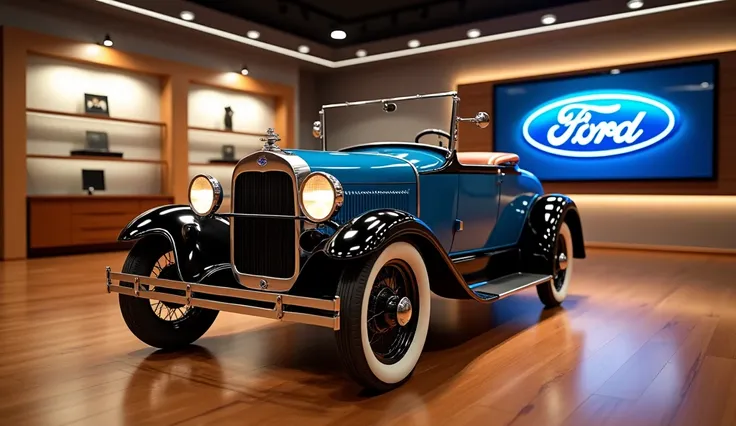 1930 Ford Model A Roadster in the showroom and Add the logo on wall screen farnt view