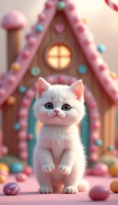 Cute kitten in front of a candy house　Pure white coat color 　 standing on two legs facing the front