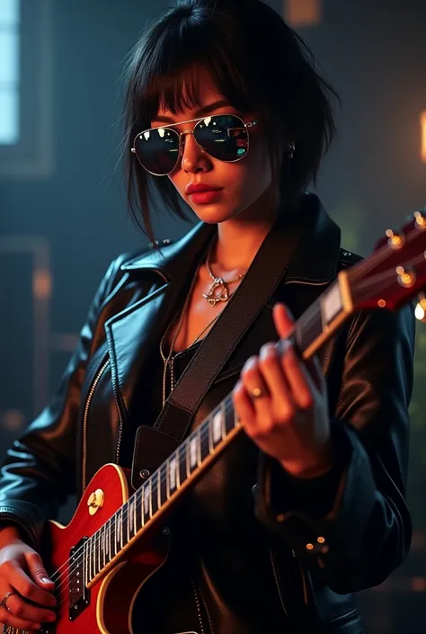 Electric guitar player with mirror aviator sunglasses 