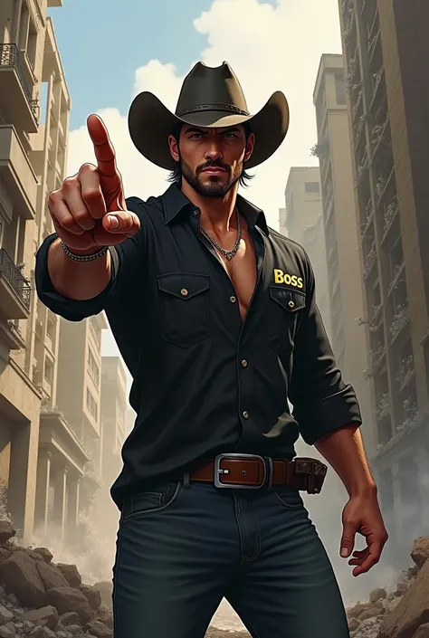 A picture of a young man  points his finger and warning, with black shirt, in destroyed city with his name written on his shirt called (BOSS) wear cowboy cap