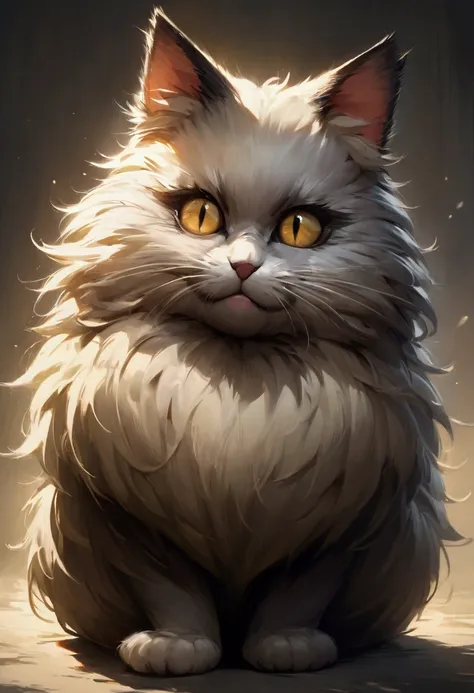 Image is a digital illustration of a fluffy, grey cat with a grumpy expression. The cat is centered against a plain white background, emphasizing its voluminous fur and distinct features. Its fur is meticulously detailed, with long, wispy strands that give...